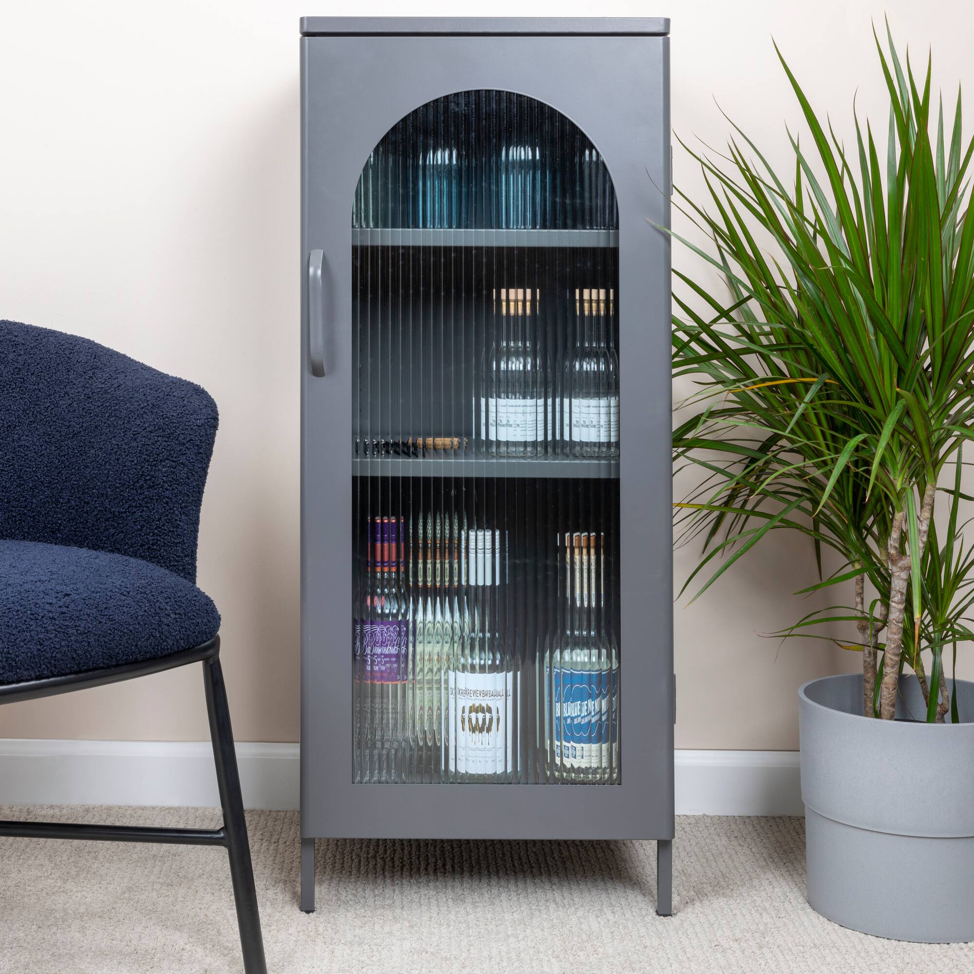 Hello Honey® 40" Solstice Narrow Metal Accent Cabinet with Adjustable Storage Shelves and Arched Glass Door